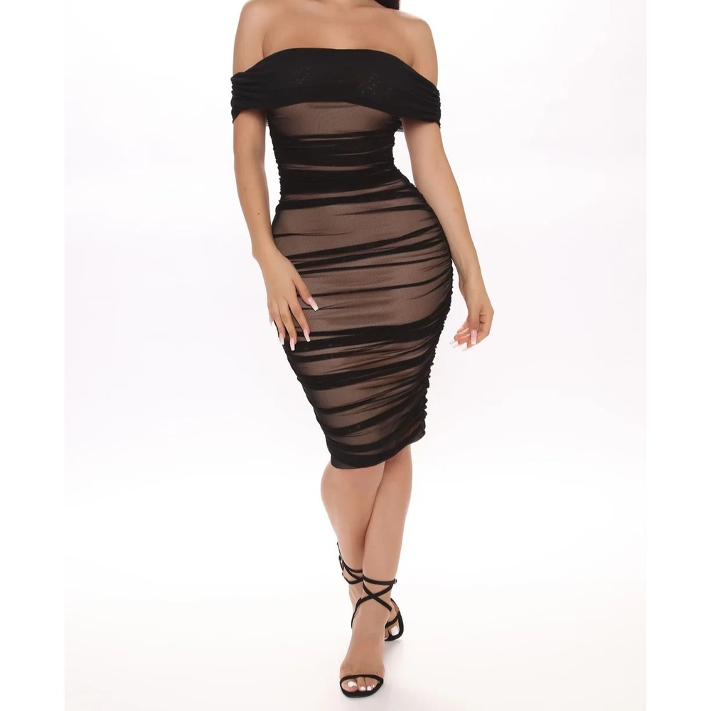Fashion Nova Ruched Dress Sheer Mesh Off Shoulder Large Stretch Sexy Romantic